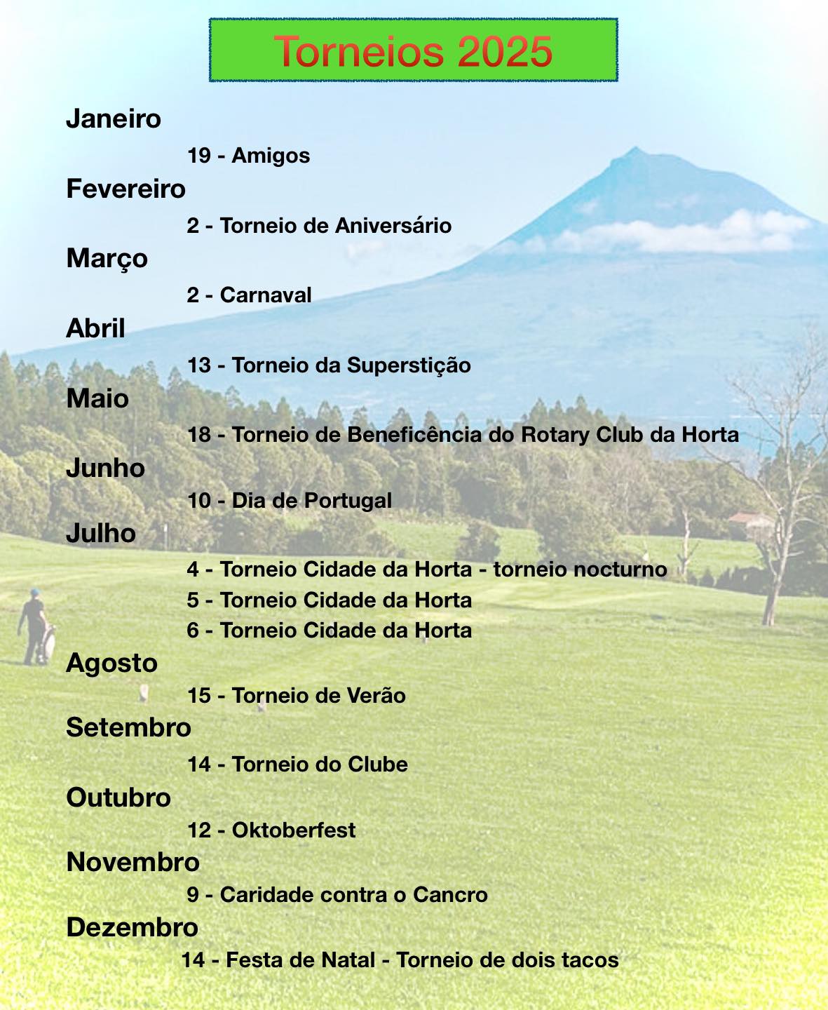 Calendário anual do Clube de Golfe do Faial — 2025